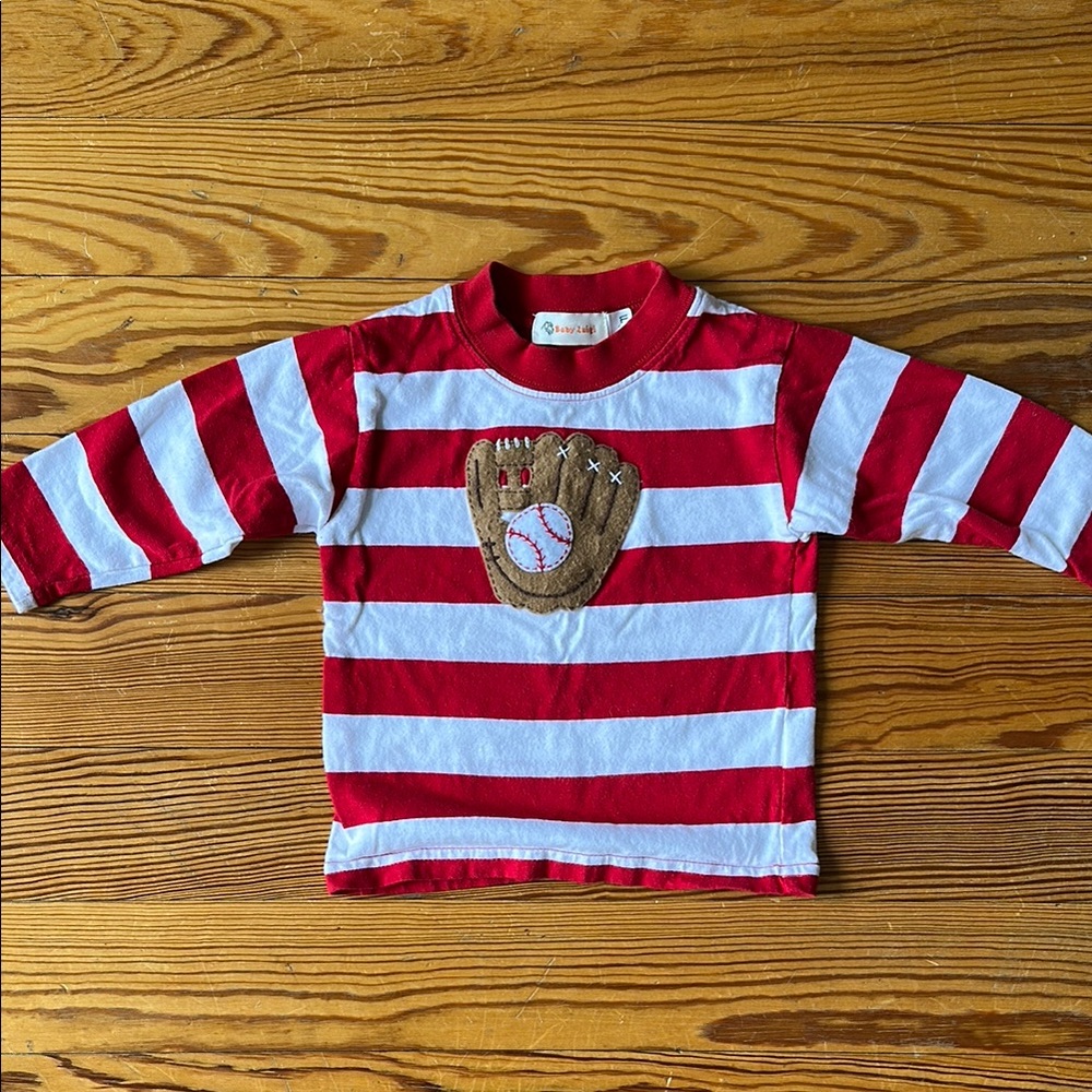Baby Luigi Red and White Striped Shirt w Baseball Glove appliqué (12 months) EUC